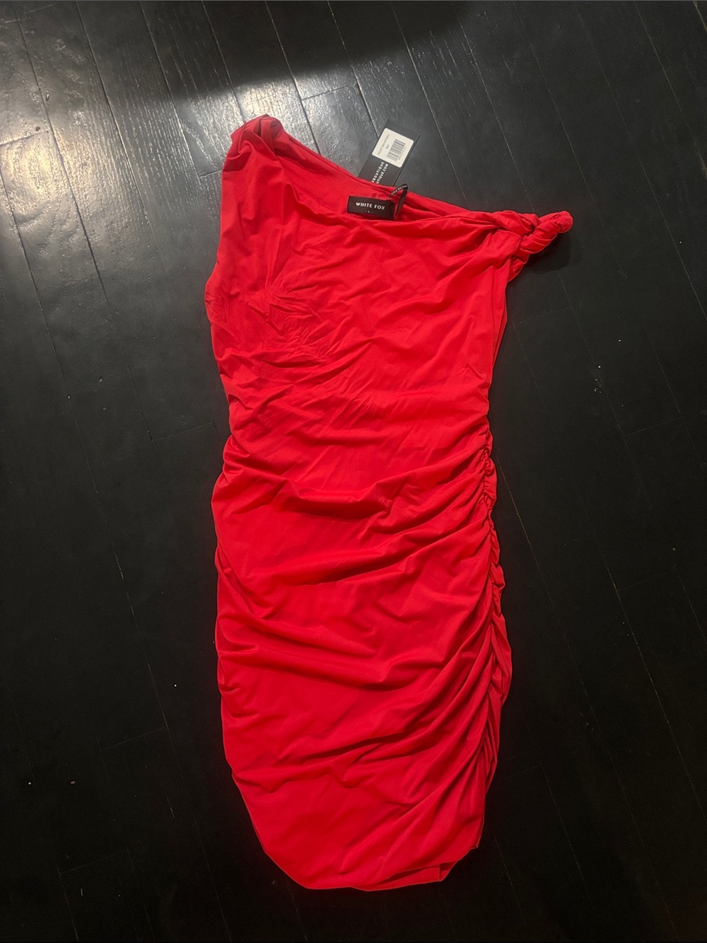 White fox  Bright Red Shoulder Ruched Cocktail Dress